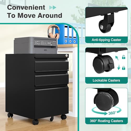 3 Drawer File Cabinet with Lock,Under Desk File Cabinet with Wheels,Black Rolling Filing Cabinets,Three Drawer Metal Filing Cabinet for Home Office,Fit A4/Letter/Legal File,- Assembly Required - color: Black, style: Assembly Required