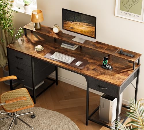 Huuger 63 inch Computer Desk with Power Outlets & 4 Drawers - color: Rustic Brown, size: 63 Inch