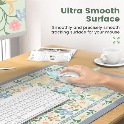 iCasso Desk Cover Mat, Gaming Mouse Pad Wrist Support Set,4in1 XXL Large Mousepad + Keyboard Wrist Rest+Mouse Wrist Rest+Coaster Set with Ergonomic Design for Home Office Table Computer(Green Flowers) - color: Green Flowers