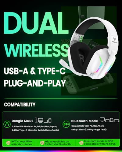 WESEARY Wireless Gaming Headset with Mic for Ps5, Ps4, PC| 3D Spatial Audio - color: White