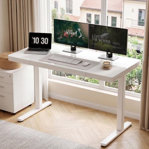 Claiks 55" Touch Screen Glass Standing Desk with Drawers & USB Ports White | 3 Steps Quick Install, 2 Zones Drawer, Wireless Charging, Ultra White One-Piece Glass Top, Writable Top - color: Glass Top Touch Screen, size: 55 inch
