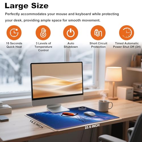 Heated Desk Pad 23.6" x 14.2" 3 Large Heated Mouse Pad with Heat Levels (40°C/45°C/50°C) & 3H Auto Shut-Off Desk Mat Fast Heating PU Leather Warmer Mousepad for Home Office - Basketball in Galaxy - color: Basketball in Galaxy, size: 23.6 x 14.2 inch