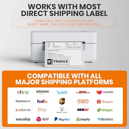 Bluetooth Thermal Shipping Label Printer 4x6 Wireless Direct Thermal Label Machine Small Business High Speed Portable Maker Compatible with Android, iOS & Windows for Ebay Shopify USPS