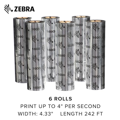 Zebra Standard Black Wax Ribbon for Thermal Transfer Desktop Printers Width 4.33 in Length 242 ft 0.5 in Core Pack of 6 Rolls Compatible with Multiple Models 10031723SP