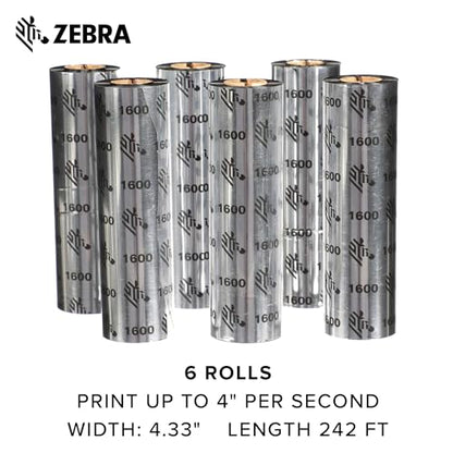 Zebra Standard Black Wax Ribbon for Thermal Transfer Desktop Printers Width 4.33 in Length 242 ft 0.5 in Core Pack of 6 Rolls Compatible with Multiple Models 10031723SP