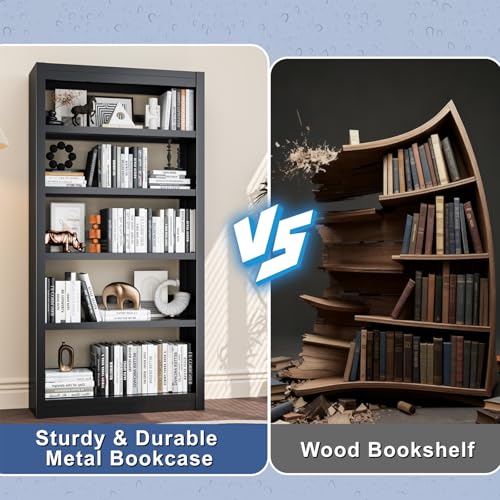 61" 5-Tier Metal Bookshelf,4 Adjustable Shelves,Large Capacity(Black) - color: Black, size: 61"H*27.5"W*11.8"D