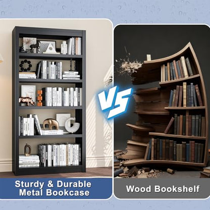 61" 5-Tier Metal Bookshelf,4 Adjustable Shelves,Large Capacity(Black) - color: Black, size: 61"H*27.5"W*11.8"D