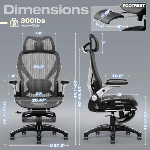 ELABEST X100 Ergonomic Mesh Office Chair with Footrest, Big and Tall Hone Desk Chair with 5D Flip-Up Arms, Adjustable 3D Lumbar Support,Gaming & Executive Computer Chairs - color: Midnight Mist