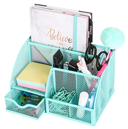Exerz Desk Organizer 7 Compartments Metal Mesh Pen Holder Turquoise - color: Turquoise