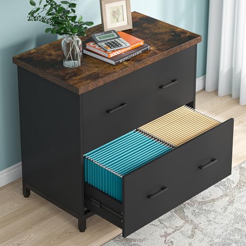 Tribesigns 2-Drawer File Cabinet, Wood Lateral Filing Cabinet for Office | A4, Letter Size, Engineered Wood, Two Drawer File Cabinet for Home Office, Brown and Black