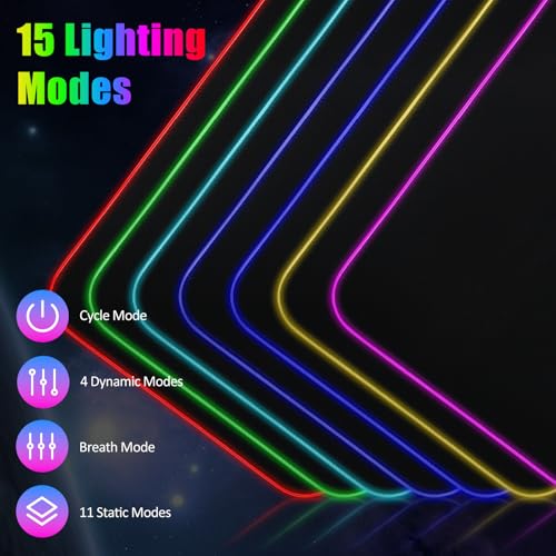 Gaming Mouse Pad, RGB Mousepad, Large Mouse Pad, Non-Slip Rubber Base, 800 * 300 * 4mm, 15 Light Modes, Waterproof Surface, for MacBook, Gaming, PC, Laptop - color: black+L