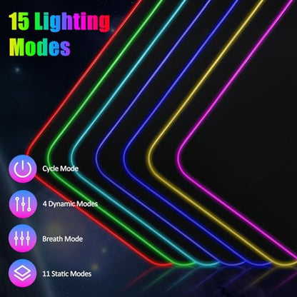 Gaming Mouse Pad, RGB Mousepad, Large Mouse Pad, Non-Slip Rubber Base, 800 * 300 * 4mm, 15 Light Modes, Waterproof Surface, for MacBook, Gaming, PC, Laptop - color: black+L