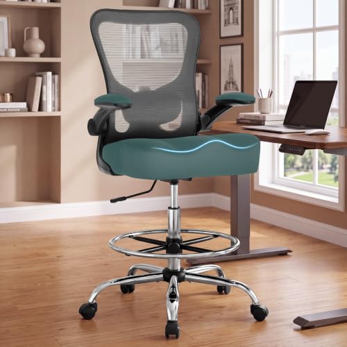 500LBS Ergonomic Drafting Chair Tall Office Chair for Counter Height or Standing Desk, Executive High Office Chairs with W-Shaped Thick Seat Cushion, Footrest Ring & Breathable Mesh, Dark Green - color: Black Frame Dark Green Fabric