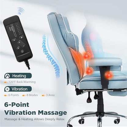 Ergonomic Executive Office Chair with 6-Point Vibration & Heat - Reclining Managerial Chair with Adjustable Footrest and Armrests,Big and Tall Leather Home Office Desk Chairs(Airy Blue) - color: Airy Blue