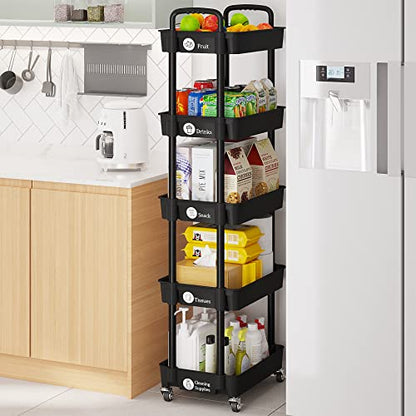 5 Tier Rolling Cart with Wheels,Utility Storage Carts,Black - color: Black, size: 5-Tier