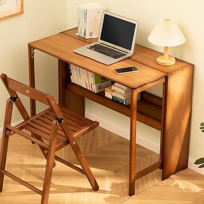 32.68" Space Saver Transformer Desk, Skinny Mid Century Modern Writing Table, Bamboo Foldable Study Table for Small Spaces, Compact Computer Desk for Bedroom Home Office Dorm Apartment (Walnut)