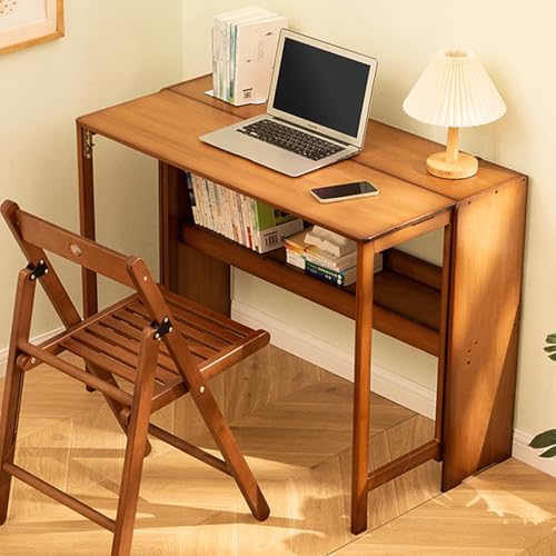 32.68" Space Saver Transformer Desk, Skinny Mid Century Modern Writing Table, Bamboo Foldable Study Table for Small Spaces, Compact Computer Desk for Bedroom Home Office Dorm Apartment (Walnut)