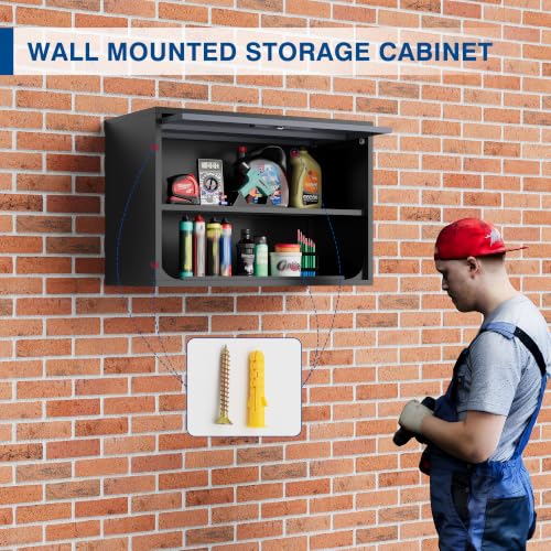 Fesbos Metal Storage Cabinet Black&Gray Wall Cabinets with Shelf and Locking Door - Wall Mounted Storage Cabinet for Garage Warehouse Home Office - Assembly Required - color: Black&gray, size: 15.7"D x 31.5"W x 21.6"H