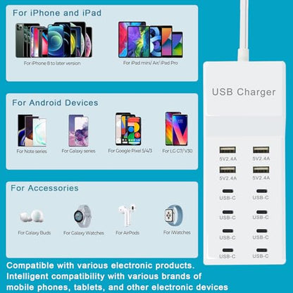 USB Charger Block, 12-Port Charging Station (4 USB-A 8 USB-C)