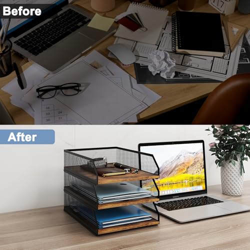 Natwind 3-Tier Stackable Metal Mesh Paper Organizer with Sliding Tray,Retro | Wooden Desk Organizer, Letter Tray For Desktop,File Holder For Home Office School Classroom Organization - size: 3 tier