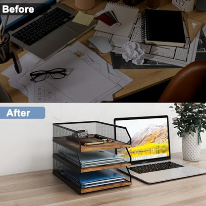 Natwind 3-Tier Stackable Metal Mesh Paper Organizer with Sliding Tray,Retro | Wooden Desk Organizer, Letter Tray For Desktop,File Holder For Home Office School Classroom Organization - size: 3 tier