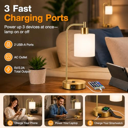 Set of 2 Industrial Touch Control Table Lamps with 2 USB Ports and AC Outlet - 3-Way Dimmable Gold Bedside Lamps Nightstand Desk Lamps for Bedroom Living Room, Opal Glass Shade & 2 LED Bulbs Included - color: Gold(2 pack)-Opal Glass-Touch Control