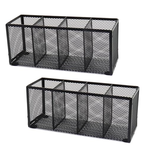 2PCS Black Mesh Pen Pencil Holder, Metal Desk Organizer Desktop Stationery Office Supplies Acessories Storage Stand, 4 Compartments Brushes Holder for Home School Classroom Teachers - size: 2pcs 4 Grids