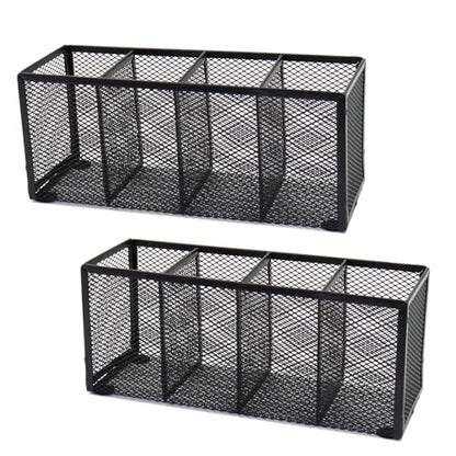 2PCS Black Mesh Pen Pencil Holder, Metal Desk Organizer Desktop Stationery Office Supplies Acessories Storage Stand, 4 Compartments Brushes Holder for Home School Classroom Teachers - size: 2pcs 4 Grids