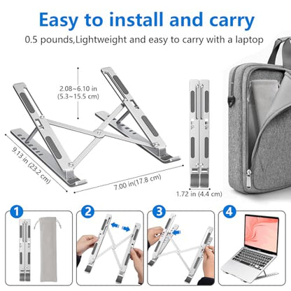 Laptop Stand for Desk, Aluminum Metal MacBook Stand，Computer Riser for Desk, Portable Foldable Adjustable Notebook Holder, Compatible with 10-15.6 Inch Laptops, iPad, Silver. - color: Silver