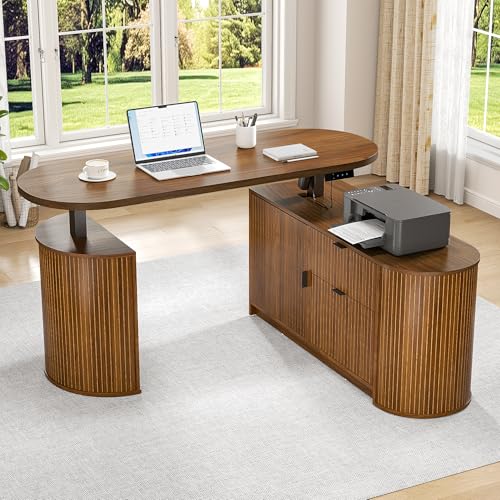 Electric L Shaped Standing Desk, Corner Sit Stand Up Desk, Executive Desk - color: Walnut-l Shaped