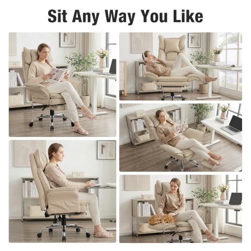 Executive Leather Criss Cross Office Chair with Foot Rest &Flip Arms | Big and Tall 155° Reclining Desk Chair with Wide Seat for Cross Legged Sitting for Home Office, PU Leather, 400LBS - color: Khaki