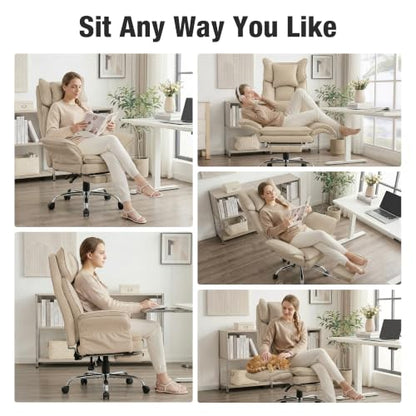 Executive Leather Criss Cross Office Chair with Foot Rest &Flip Arms | Big and Tall 155° Reclining Desk Chair with Wide Seat for Cross Legged Sitting for Home Office, PU Leather, 400LBS - color: Khaki