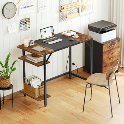HOOBRO Small Computer Desk, 35.4 Inch Home Office Desk with Power Outlet, Writing Desk with 2 Shelves, Modern Small Desk for Home Office, Study, Easy to Assemble, Rustic Brown and Black BF43UDN01 - color: Rustic Brown + Black