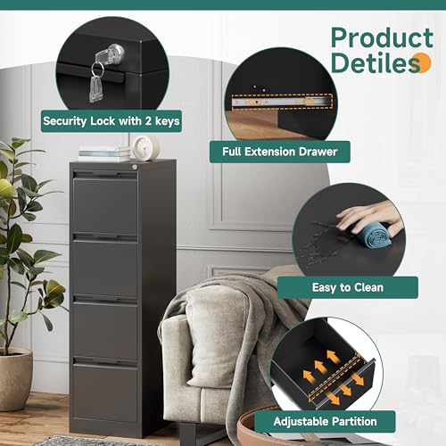 4 Drawer Metal Vertical File Cabinet with Lock for Home Office | 17.8 Inch Depth,50.3 Inch High,Fits A4/Letter & Legal Size Files,Adjustable Hanging Bar,Easy to Assemble,Black - color: Black, size: 17.8"D x 15"W x 50.3"H（4 Drawers）