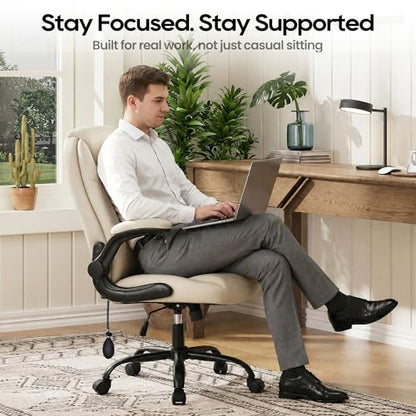MALOL Leather Office Chair, Home Desk Chair with Flip-up Arms, Beige - color: Beige-new, size: Set of 1