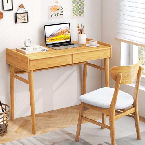 Tangkula Bamboo Mid Century Desk with 2 Storage Drawers, Home Office Study Writing Desk with Shelf & Cable Management Groove, Home Office Desk for Working & Learning (Natural) - color: Natural
