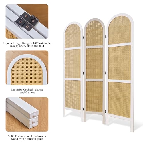 Svimi Room Dividers and Folding Privacy Screens, Pine Wood 5.6 Ft Double Hinged Rattan Partition Freestanding Wall Room Divider for Home - 3 Panels (White) - color: White, size: 3 Panels