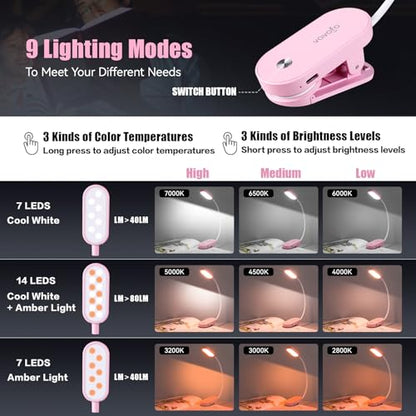 VAVOFO Rechargeable Book Light, 14 LEDs Eye Care Clip On Amber Reading Light for Bookworms Reading in Bed with 9 Colors 9 Brightness (Pink) - color: Pink