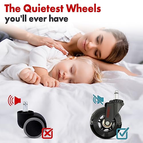 Office Chair Wheels Replacement Set 10mm (3/8" x 7/8") Stem - Fits IKEA Chairs ONLY - Soft Desk Chair Casters for Wood Floors & Carpet - Heavy Duty & Safe for All Floors Without Any Chair Mats