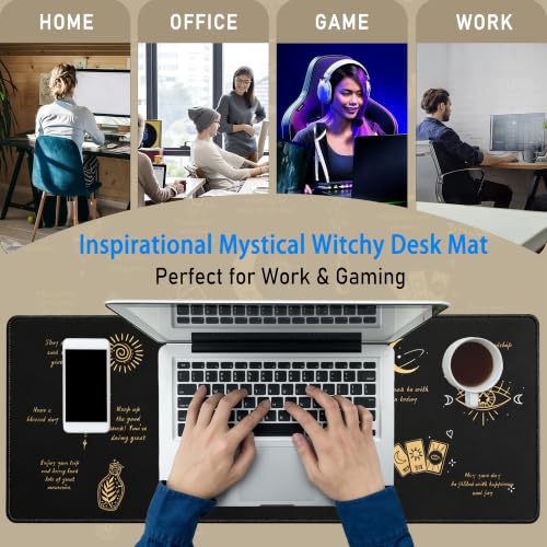 Mystical Witchy Desk Mat,Black Motivational Mouse Pad,31.5 x 12 in | Large Gold All-Seeing Eye Gaming Mousepad,Extended Inspirational Celestial Computer Keyboard Pad for Men Women,80x30cm - color: Moon Sun Eye