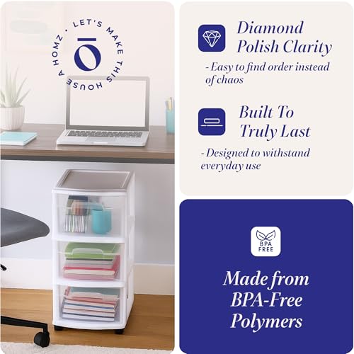 HOMZ Drawer Tower 3-Tier Storage Cart, Removable Wheels, White Frame,2 Pack - color: White, size: 2 Pack
