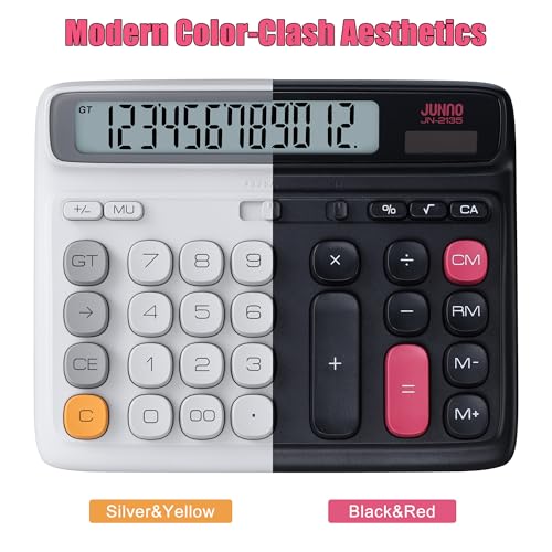 12-Digit Desktop Calculator, Dual Power (Solar & Battery), 7.7inch | Modern Color-Clash Aesthetic Design, Ergonomic Tilted Large LCD Display for Office, School and Accounting (Black) - color: Black