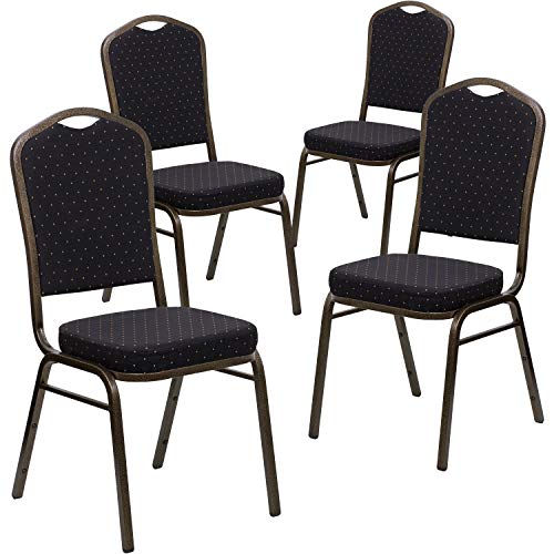 Flash Furniture Hercules Crown Back Stackable Banquet Chair, Black, 4-Pack | Gold Vein Frame, Fabric Upholstery - color: Black Patterned Fabric/Gold Vein Frame, size: Set of 4