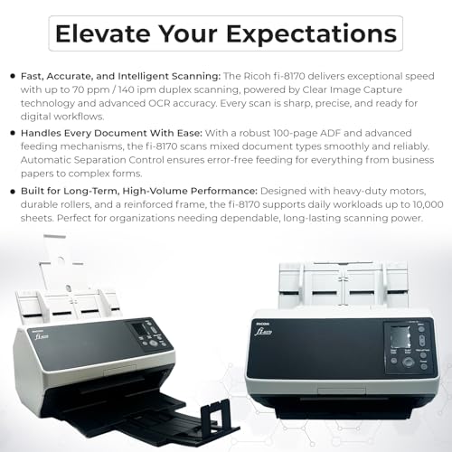Fi-8170 Professional High Speed Color Duplex Document Scanner -1 Year Warranty, Network Enabled, Scanner High Volume with Power Adapter + USB 3.2 Cable + Microfiber Cloth Included