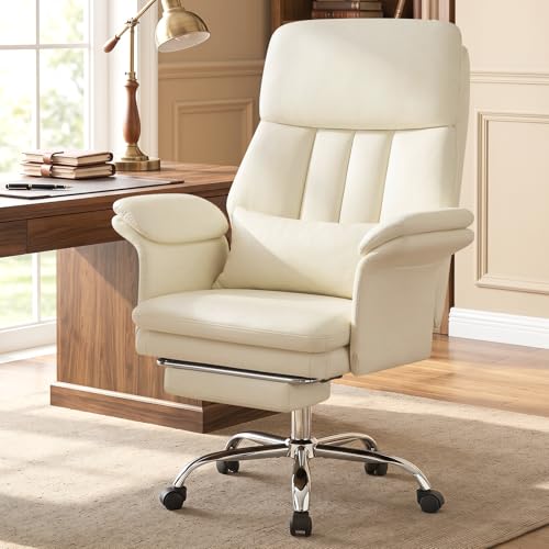 Home Office Chair with Footrest 400lbs, High Back Rolling Desk Chair with Lumbar Support Soft Armrests, Excutive Office Chairs with Wheels Height Adjustable Rocking Swivel Functions,Beige - color: Beige
