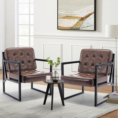 COLAMY Mid Century Modern Accent Chair Set of 2, Comfy Living Room Chair, Brown Leather Accent Chair, Faux Leather Reception Armchair with Metal Legs for Living Room Bedroom Reception Office, Brown - color: Brown, size: Set of 2