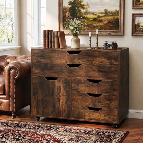 POWERSTONE Rolling File Cabinet 5-Drawer & One Side Door Storage Unit, Wood Printer Stand Drawer Cabinet with 5 Metal Wheels(2 Self-Locking) for Home Office, Coffee - color: Coffee