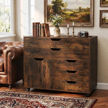 POWERSTONE Rolling File Cabinet 5-Drawer & One Side Door Storage Unit, Wood Printer Stand Drawer Cabinet with 5 Metal Wheels(2 Self-Locking) for Home Office, Coffee - color: Coffee