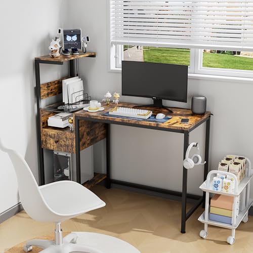 Computer Desk with Power Outlet and USB Charging Station, Space-Saving Study Writing Table with Storage Shelves, PC Laptop Workstation for Home Office Bedroom (Brown) - color: Brown
