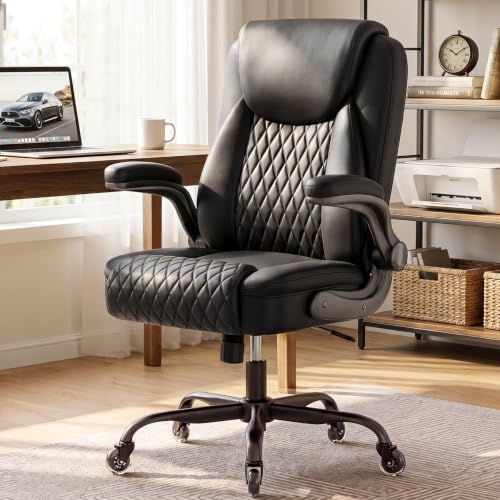 COMHOMA Mid-Back Office Chair, Ergonomic PU Desk Chair with Flip up Arms, Small Computer Gaming with Comfy Lumbar Support,Rocking Function,Sturdy Metal Base, Black - color: Black